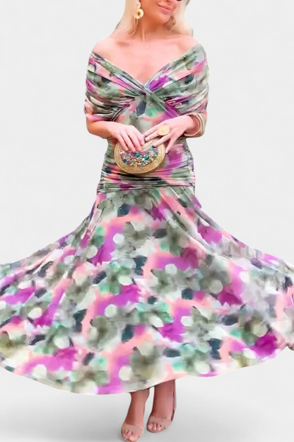 Abito Maxi Donna Spalle Scoperte Tessuto Arricciato