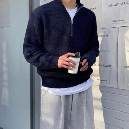 Maglione Uomo Mezza Zip Tessuto Strutturato Collo Alto