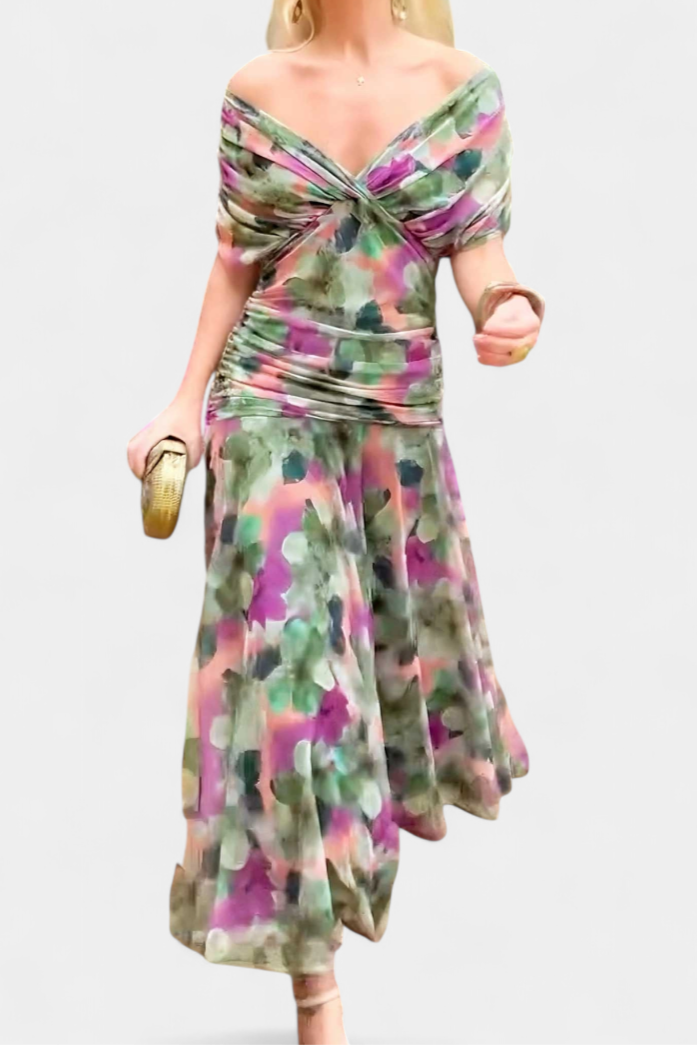 Abito Maxi Donna Spalle Scoperte Tessuto Arricciato