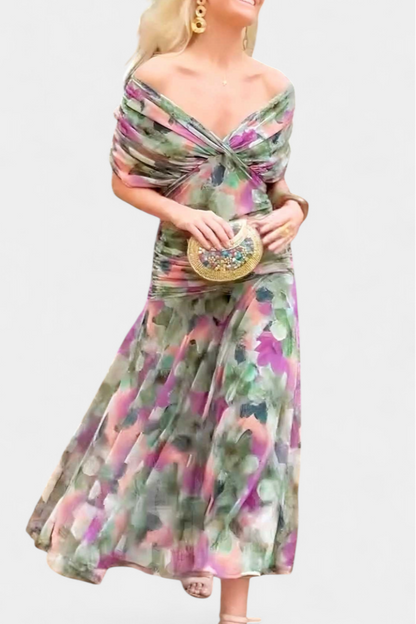 Abito Maxi Donna Spalle Scoperte Tessuto Arricciato