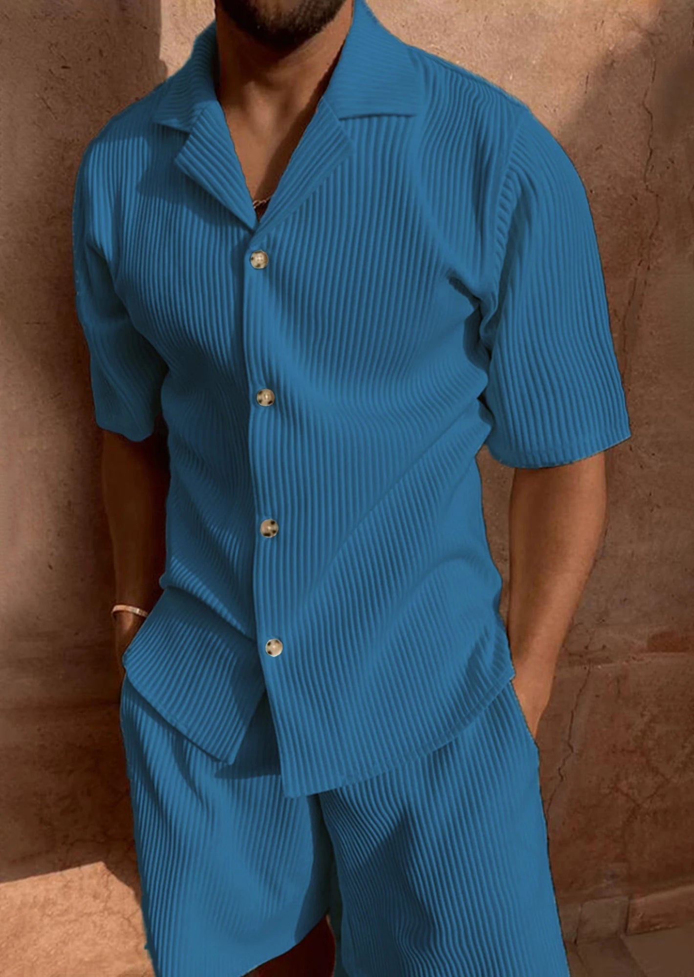 Completo Uomo Shorts e Camicia Manica Corta a Righe