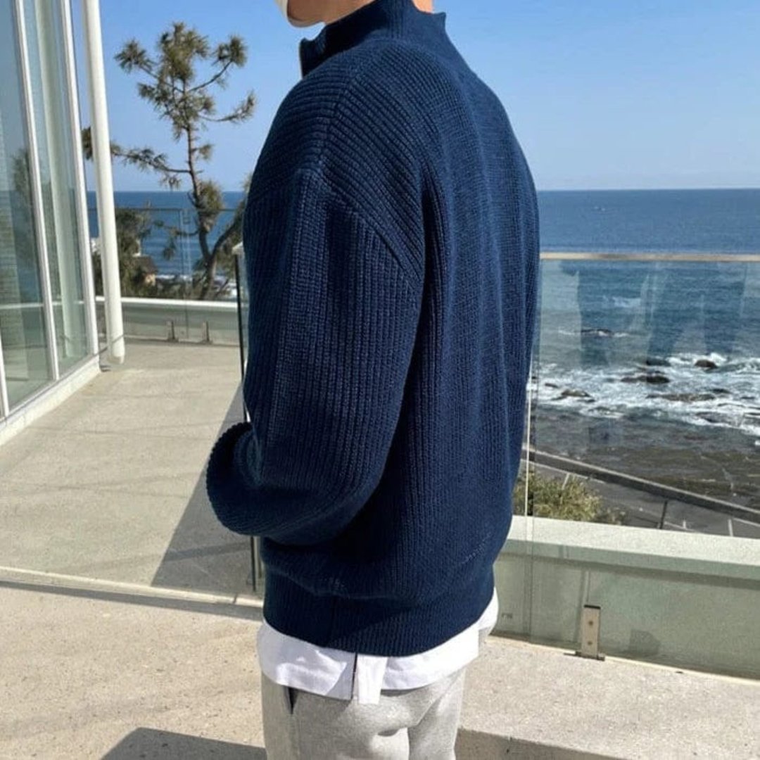 Maglione Uomo Mezza Zip Tessuto Strutturato Collo Alto