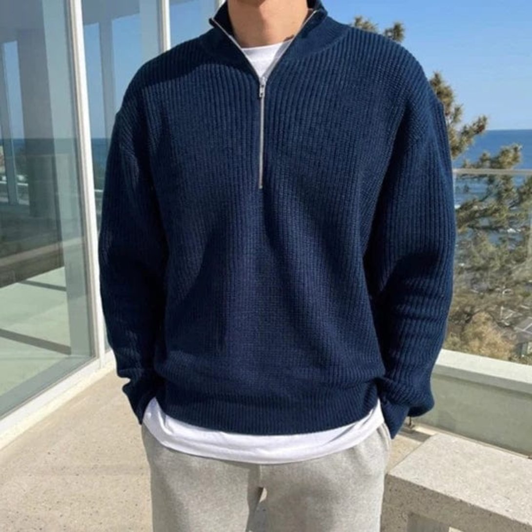 Maglione Uomo Mezza Zip Tessuto Strutturato Collo Alto - Brentozzi