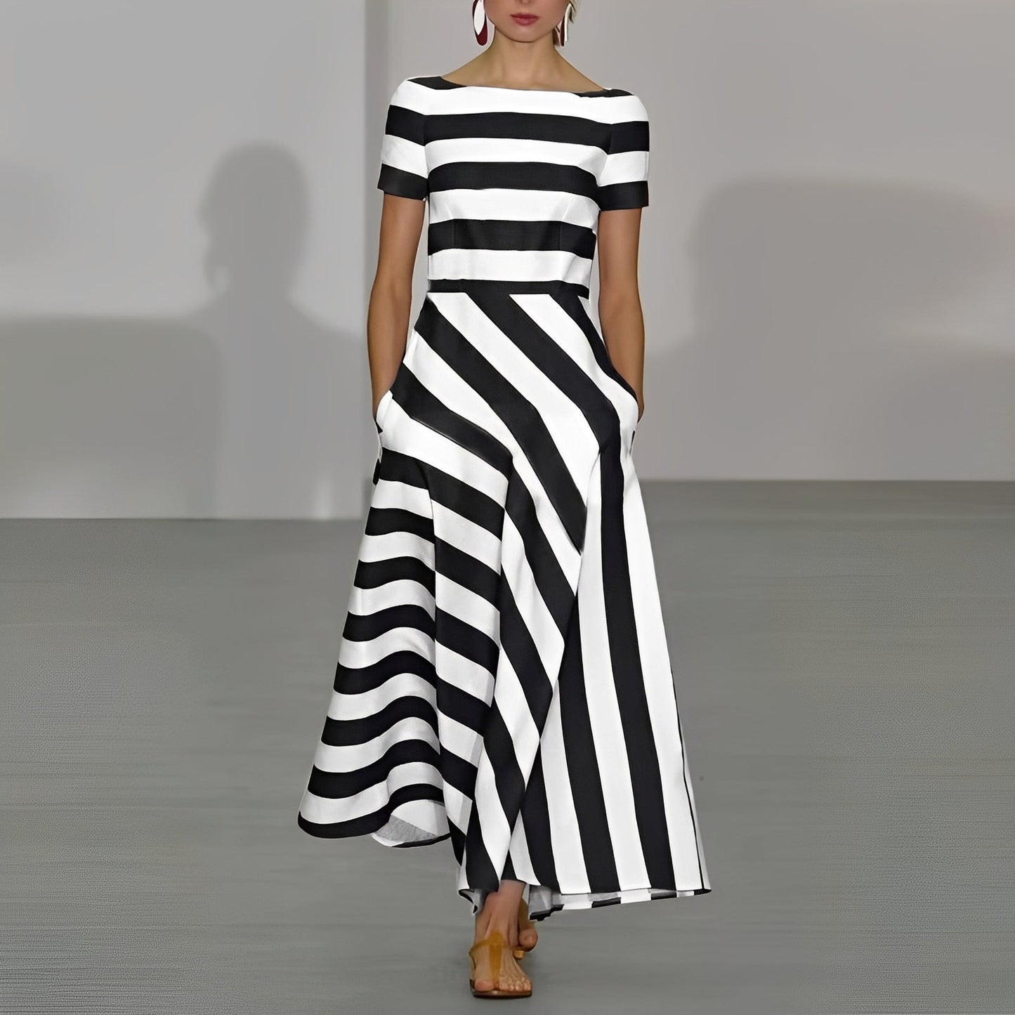 Abito Donna a Righe Elegante Scollo Classico