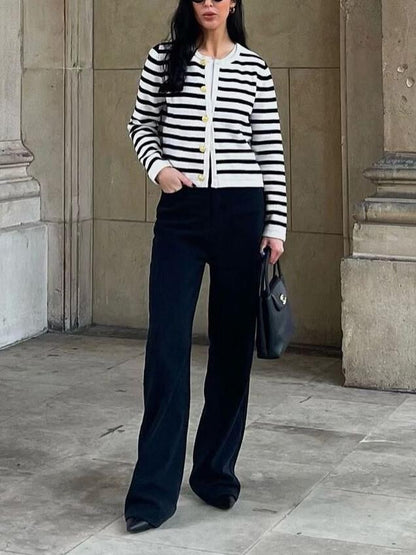 Cardigan Donna Vintage Maglia Girocollo Rigato