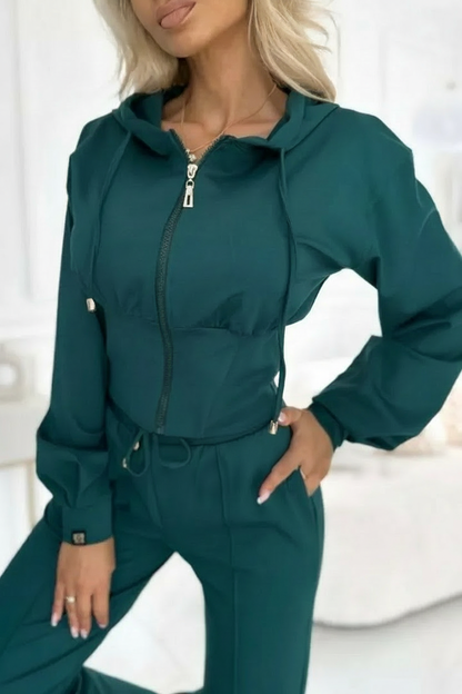 Tuta Donna Due Pezzi Pantaloni Larghi e Felpa con Cappuccio Corto