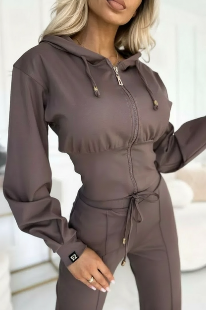 Tuta Donna Due Pezzi Pantaloni Larghi e Felpa con Cappuccio Corto