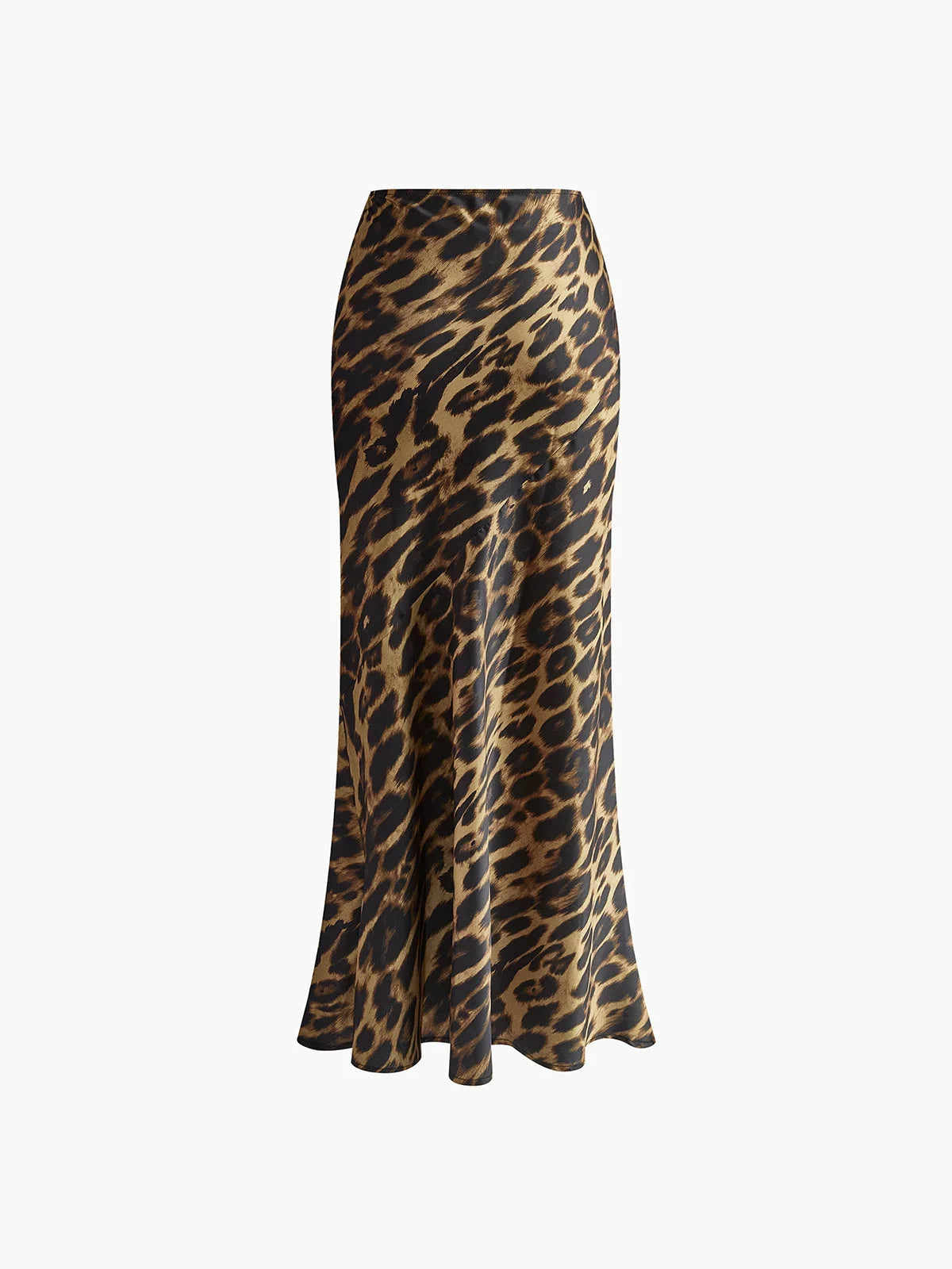 Jupe longue femme ajustée en tissu léger avec motif léopard, idéale pour un look décontracté et élégant.