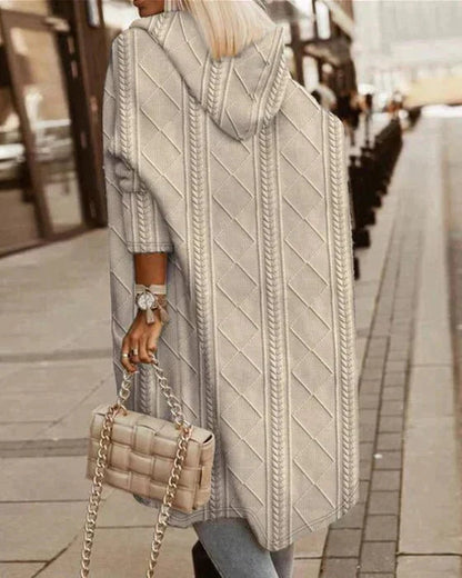 Cardigan Donna con Cappuccio Maglia a Treccia Manica Lunga