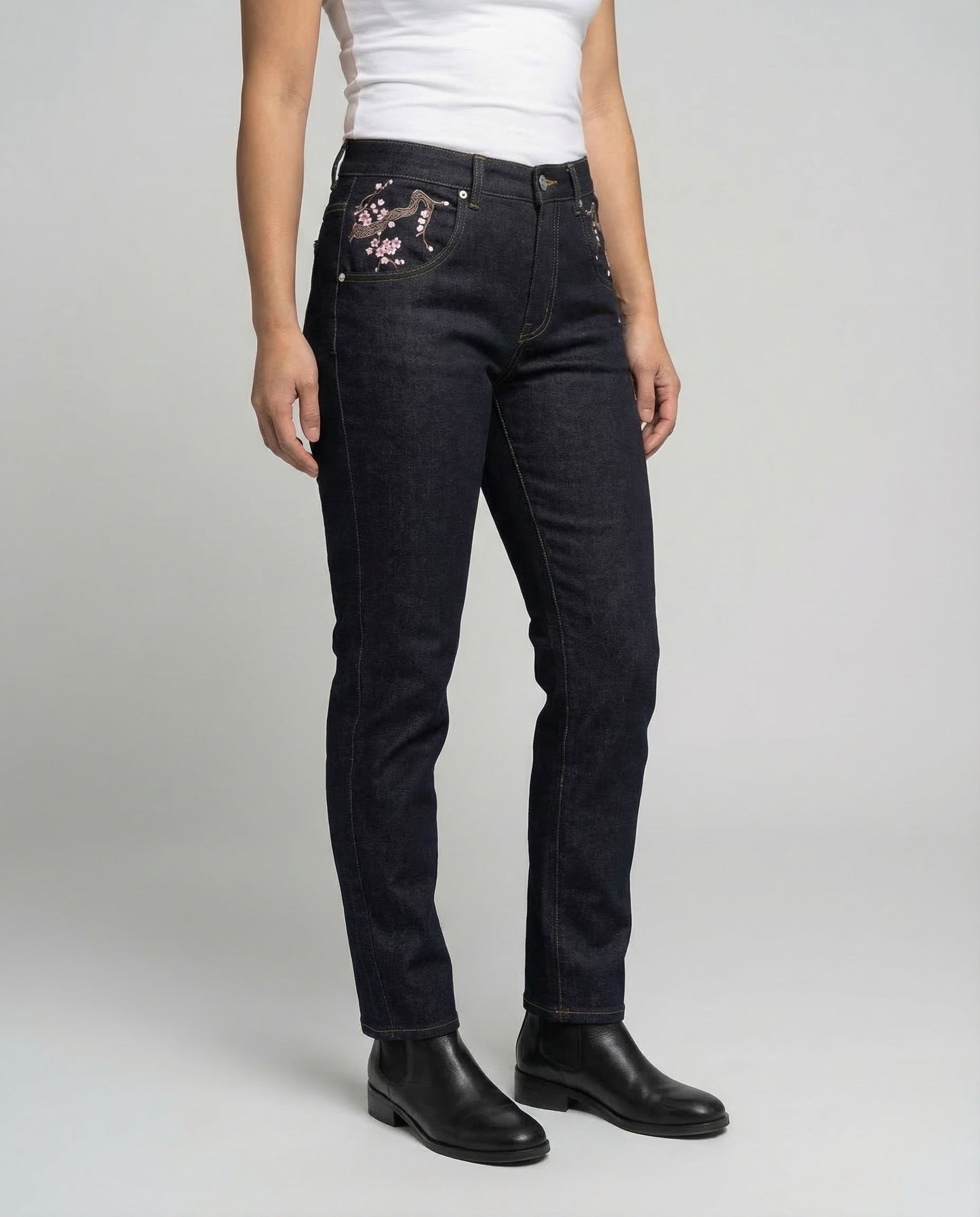 Jeans Donna Vita Alta Ricamo Perline Slim