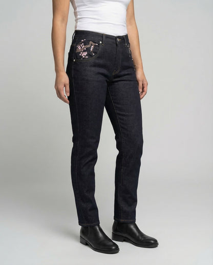 Jeans Donna Vita Alta Ricamo Perline Slim