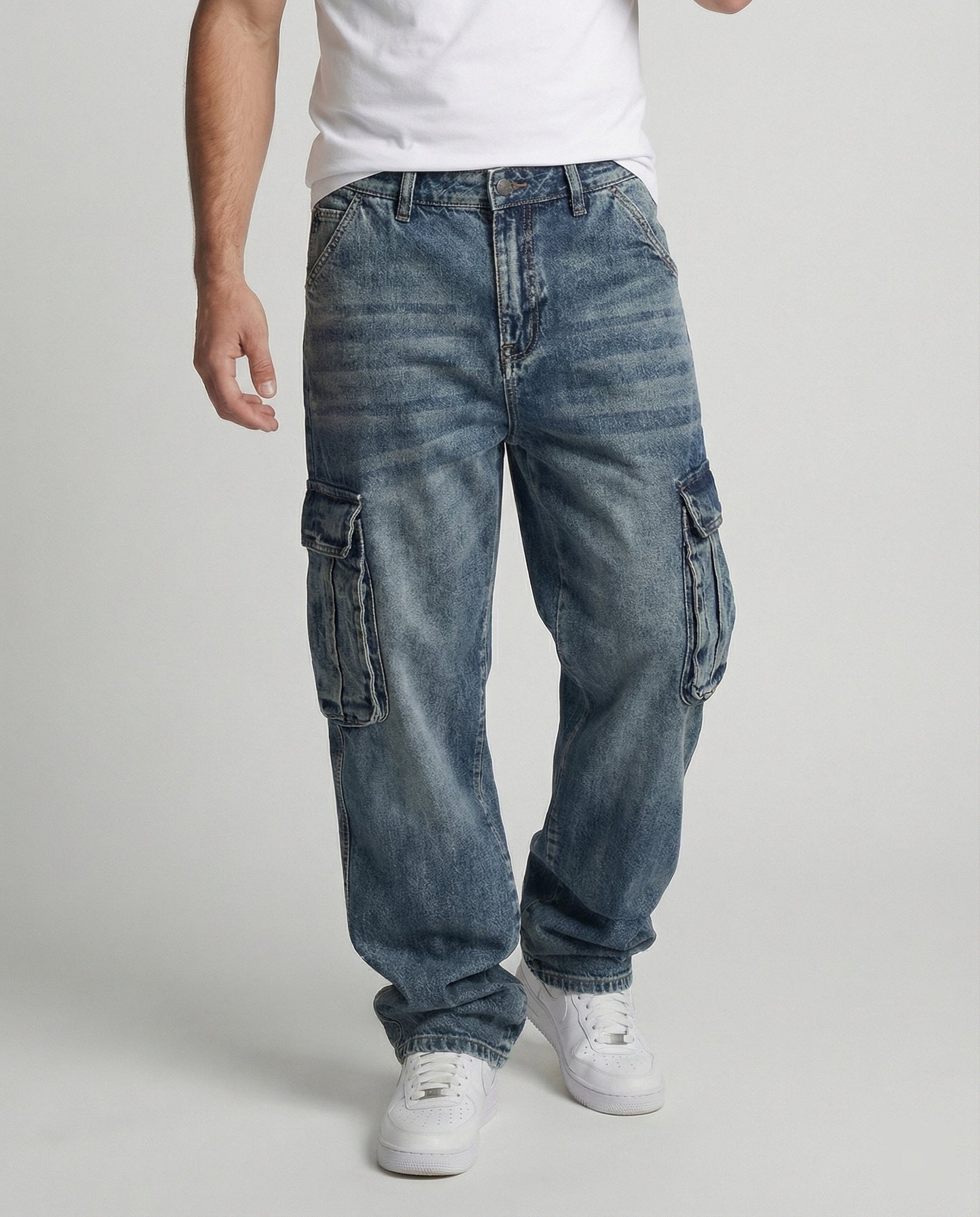 Jeans Cargo Uomo Tasche Comode Vestibilità Ampia