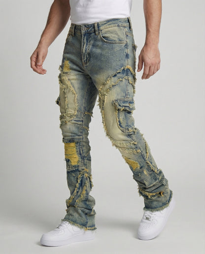 Jeans Uomo Strappati con Tasche Cargo Regular Fit