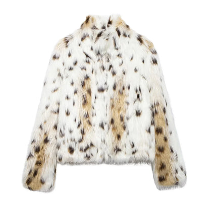Manteau ample en fausse fourrure avec motif animal, coupe décontractée, idéal pour un usage quotidien.