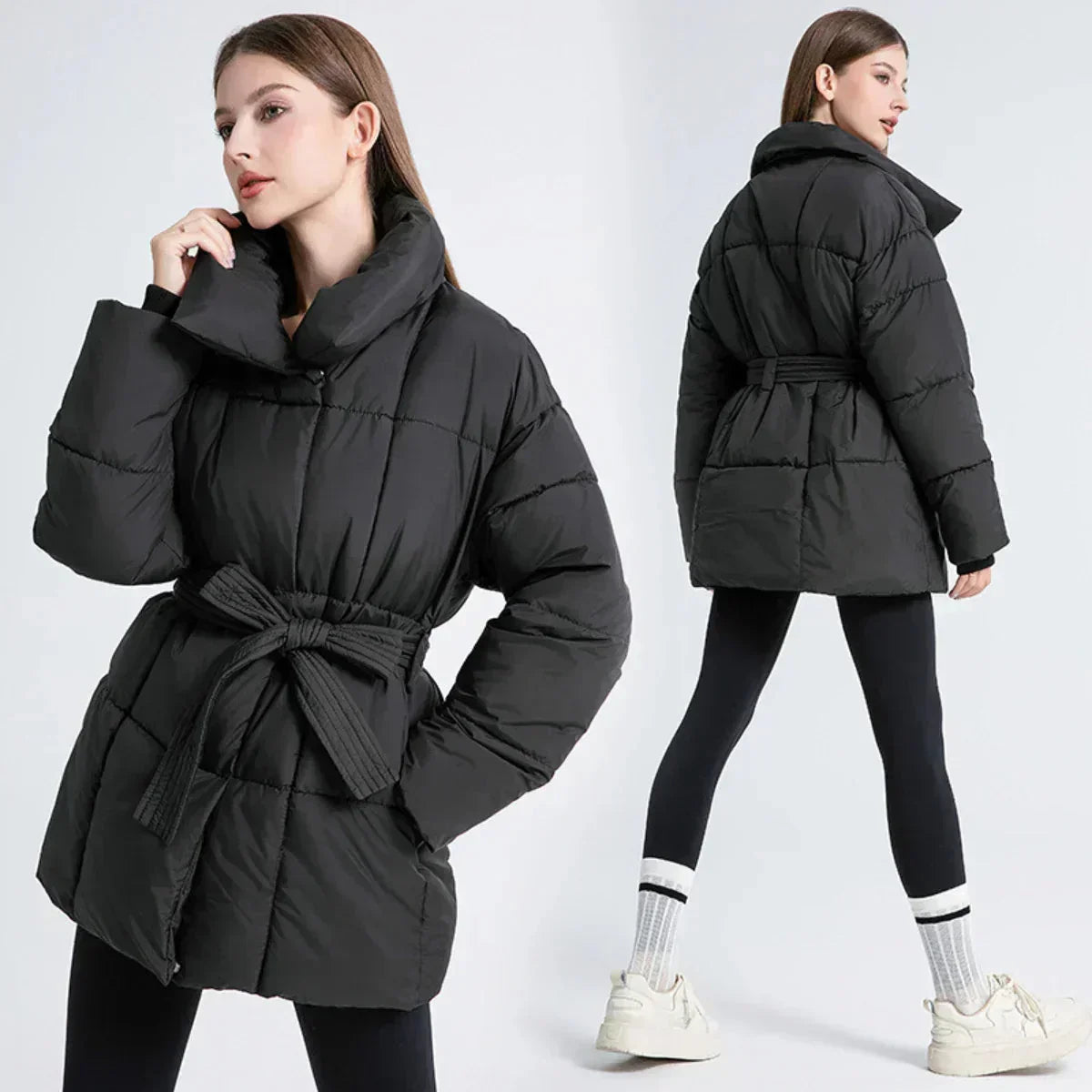 Manteau d'hiver femme marron avec ceinture, col élégant et tissu chaud pour les journées froides.