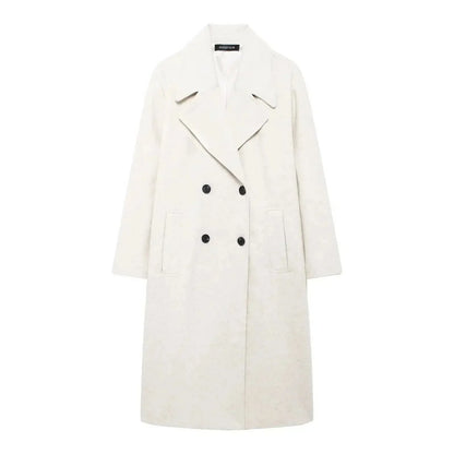 Manteau d'hiver femme beige, coupe oversize, en mélange de laine, avec un large design.