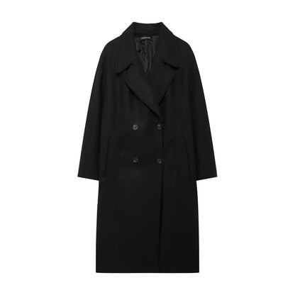 Manteau d'hiver femme beige, coupe oversize, en mélange de laine, avec ouverture frontale et poches pratiques.