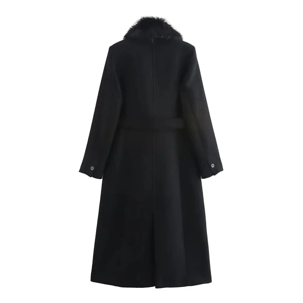 Manteau femme kaki en mélange de laine, col en fausse fourrure et ceinture, coupe élégante pour le quotidien.