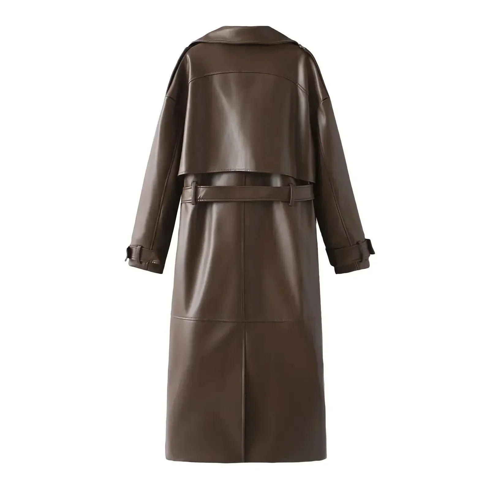 Manteau long femme en simili cuir rouge, design contemporain, avec fermeture à boutons et deux poches latérales.