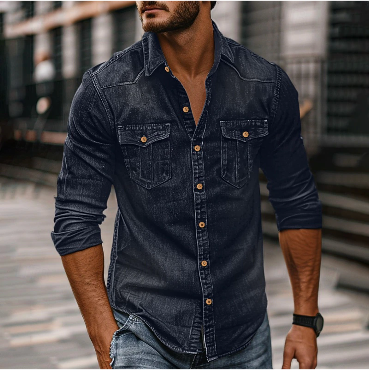 Camicia Uomo Tasche con Bottoni Stile Casual