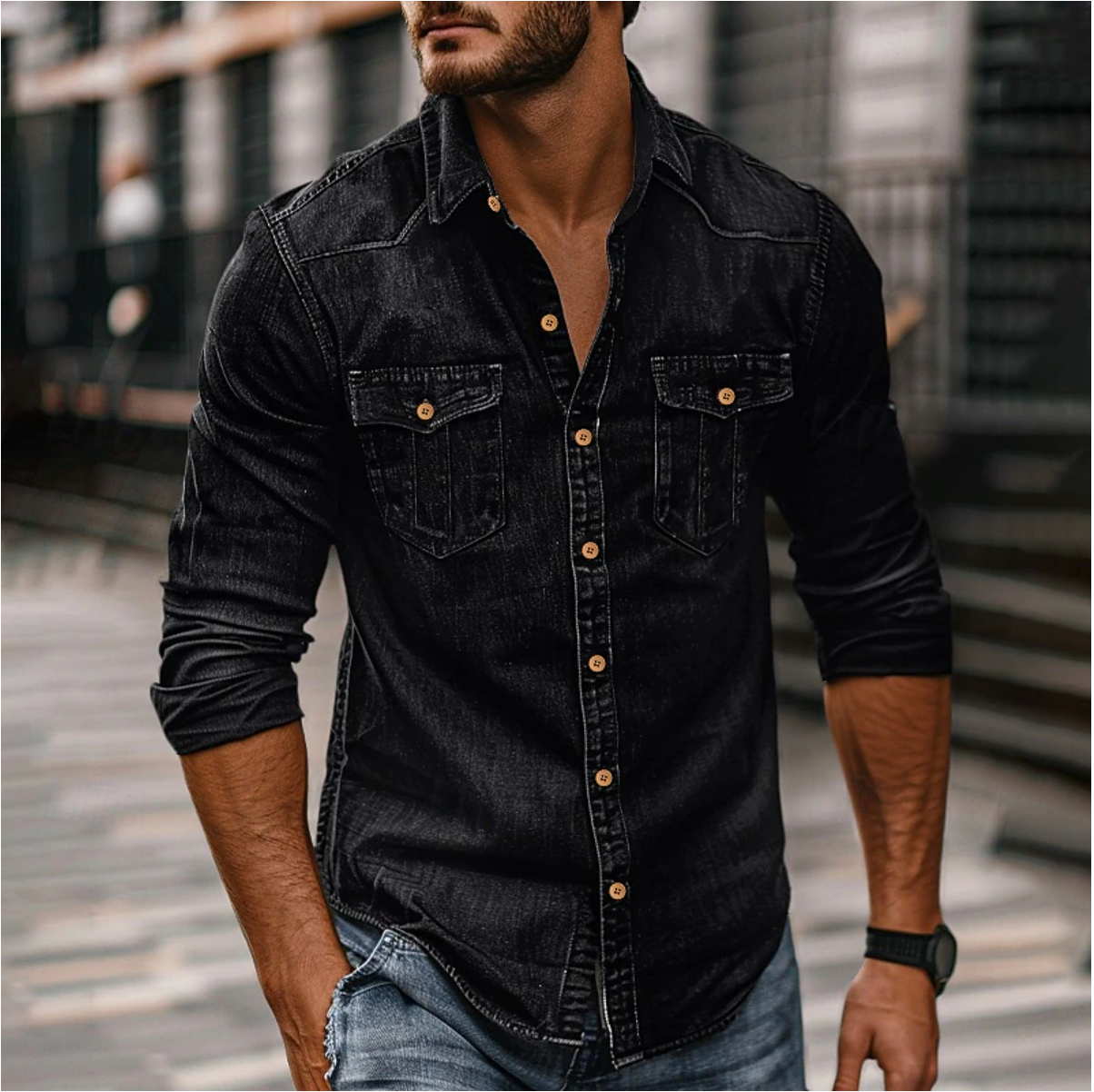 Camicia Uomo Tasche con Bottoni Stile Casual