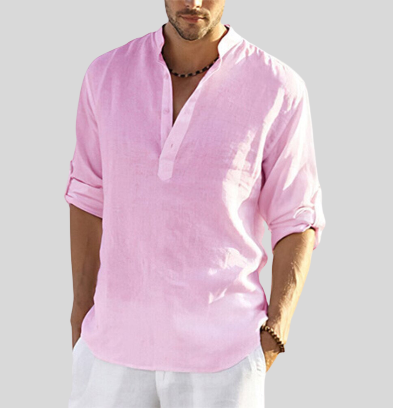 Camicia Uomo Collo Coreana Mezza Patta Maniche Lunghe Casual