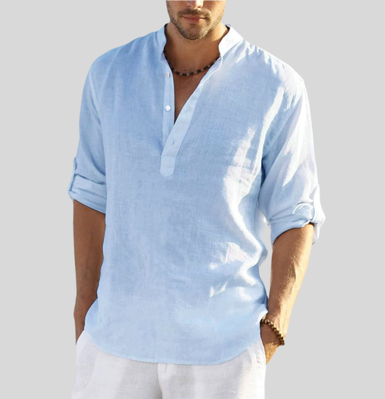 Camicia Uomo Collo Coreana Mezza Patta Maniche Lunghe Casual
