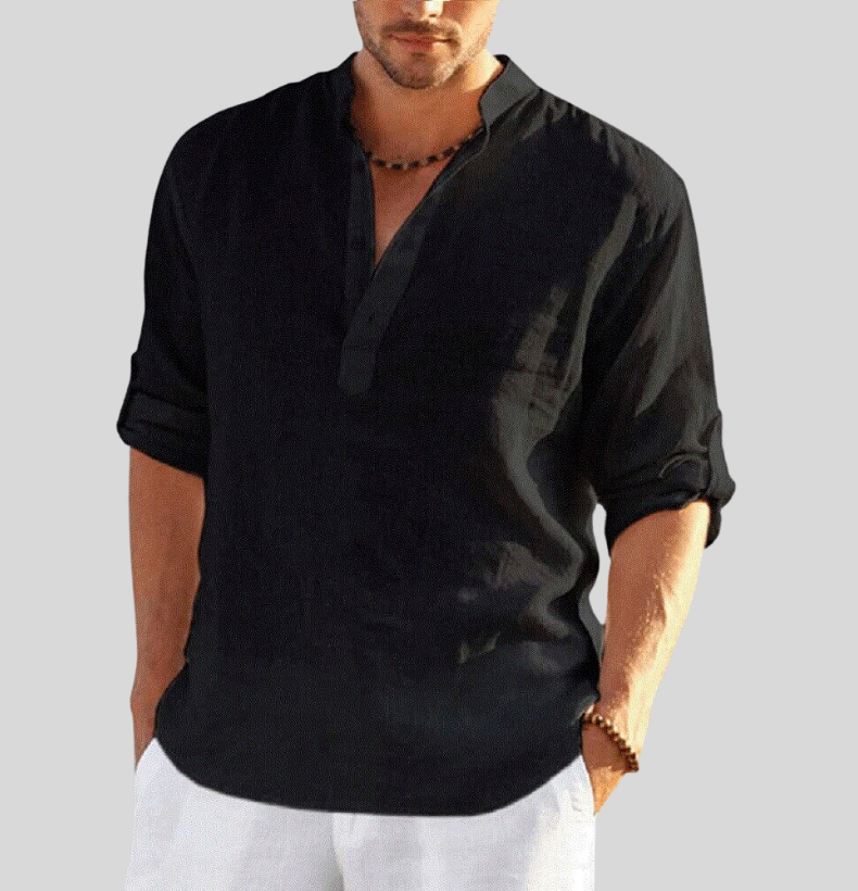 Camicia Uomo Collo Coreana Mezza Patta Maniche Lunghe Casual