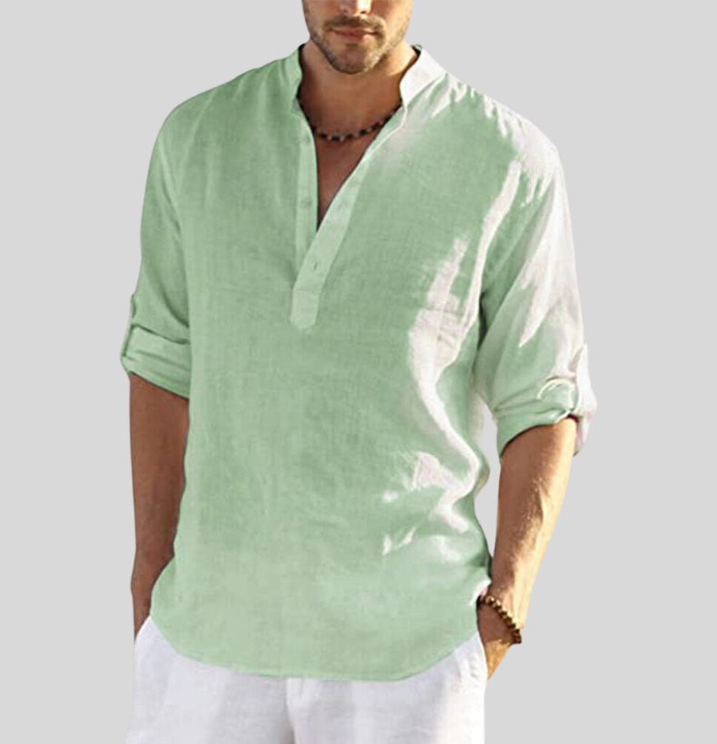Camicia Uomo Collo Coreana Mezza Patta Maniche Lunghe Casual