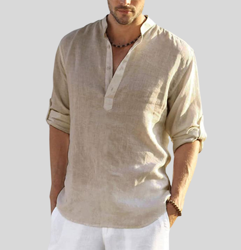 Camicia Uomo Collo Coreana Mezza Patta Maniche Lunghe Casual