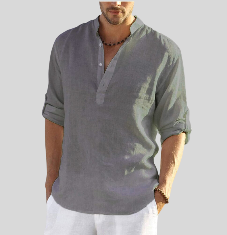 Camicia Uomo Collo Coreana Mezza Patta Maniche Lunghe Casual