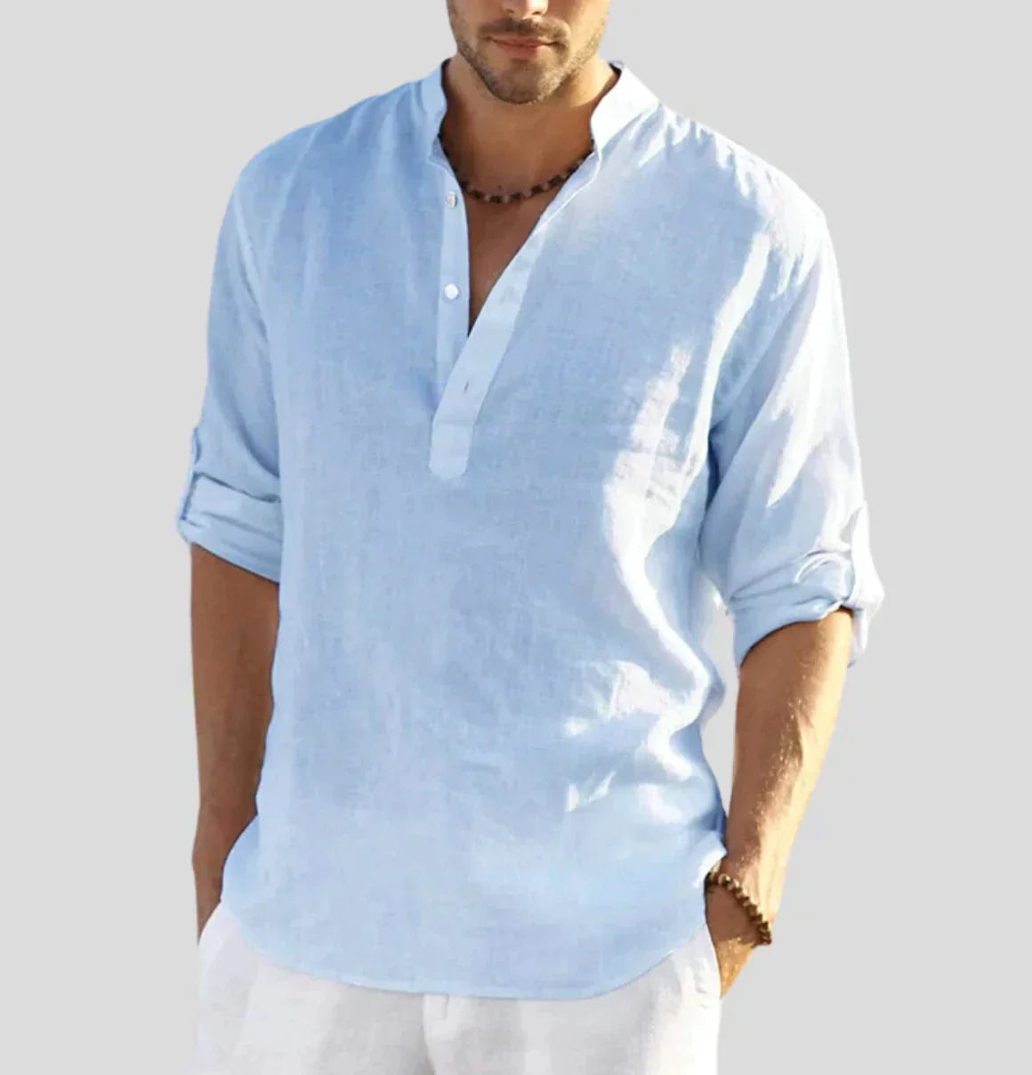Camicia Uomo Collo Coreana Mezza Patta Bottoni Casual - Brentozzi