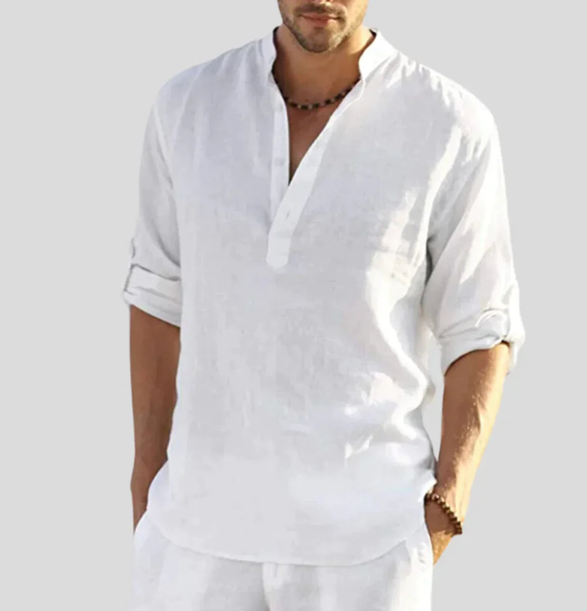 Camicia Uomo Collo Coreana Mezza Patta Bottoni Casual