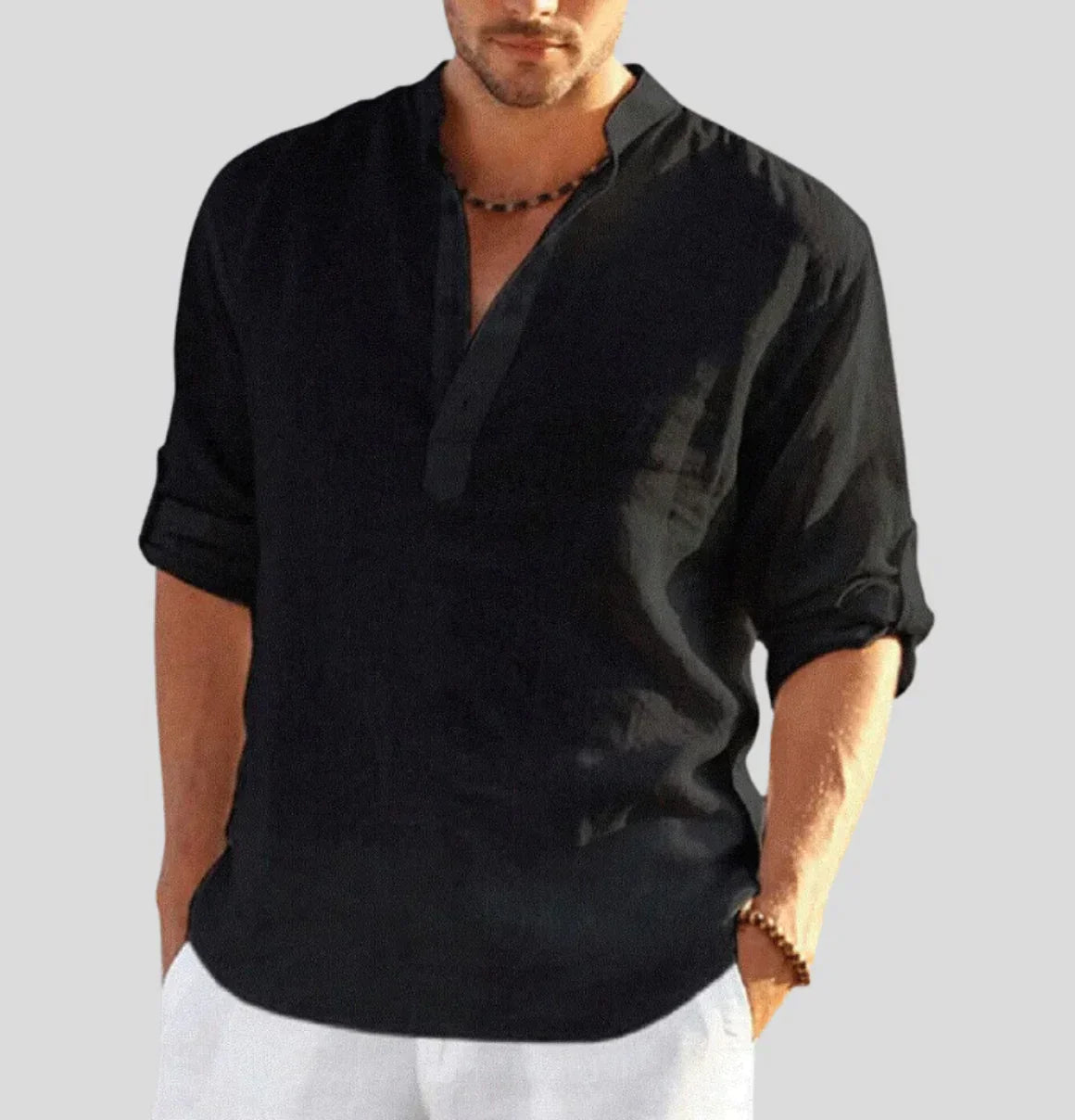 Camicia Uomo Collo Coreana Mezza Patta Bottoni Casual
