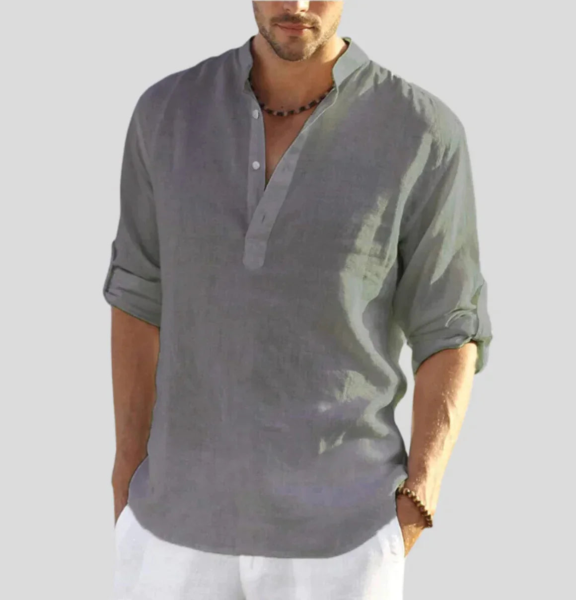 Camicia Uomo Collo Coreana Mezza Patta Bottoni Casual