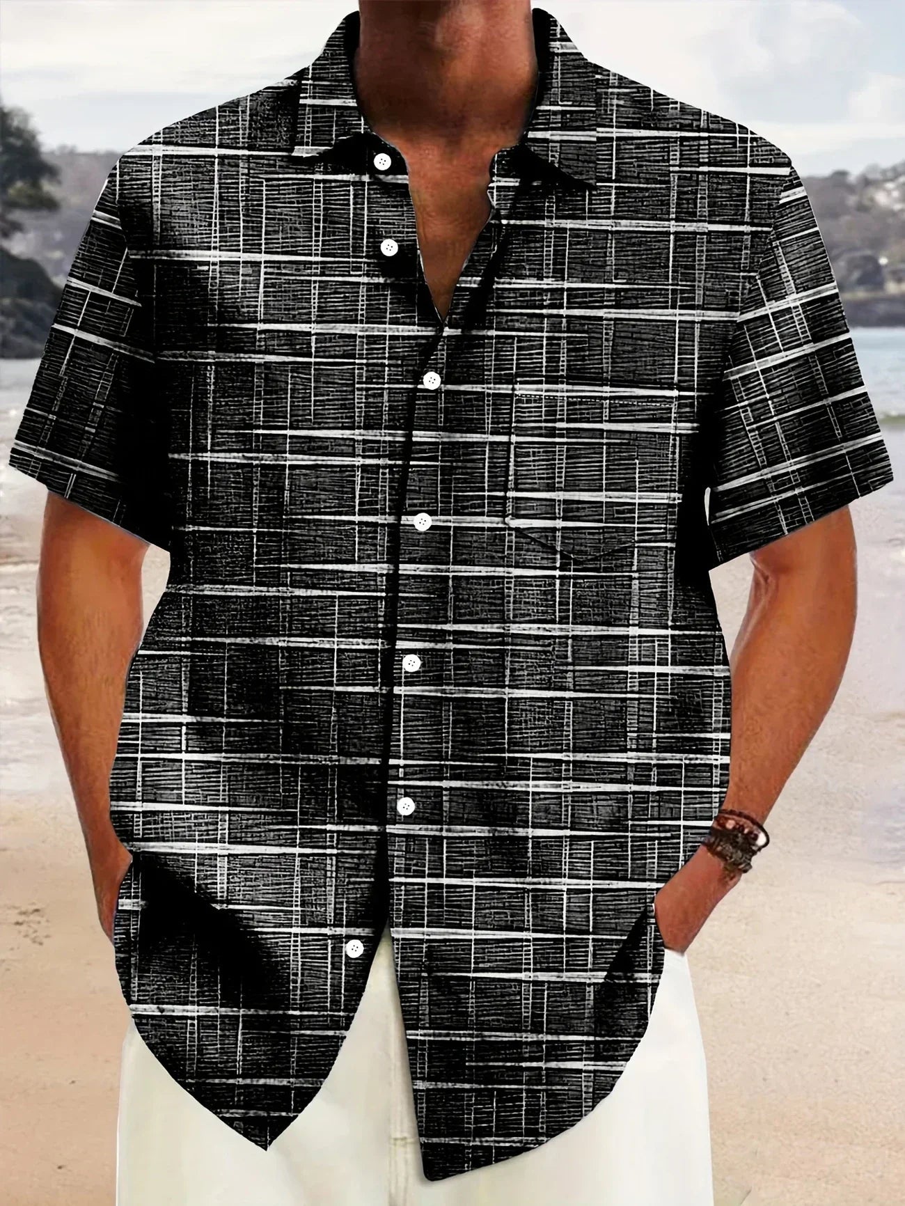 Camicia Uomo Manica Corta Fantasia Bottoni Casual