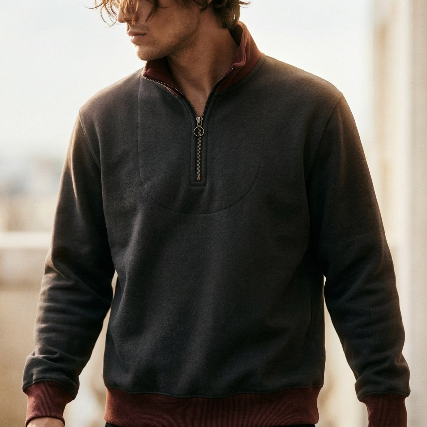 Maglione Uomo con Inserto a Contrasto e Mezza Cerniera