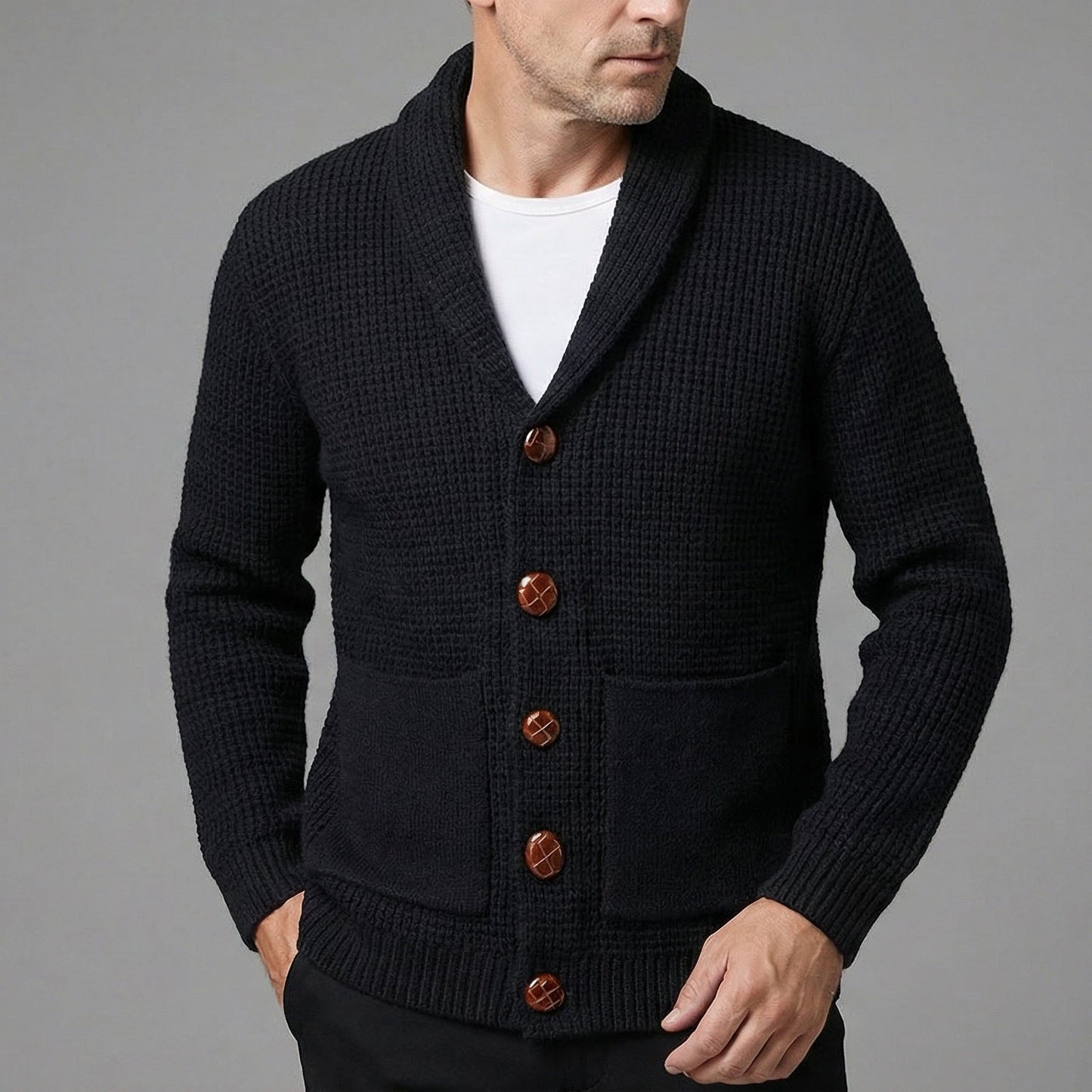 Cardigan Uomo in Maglia con Scollo a Sciarpa e Bottoni