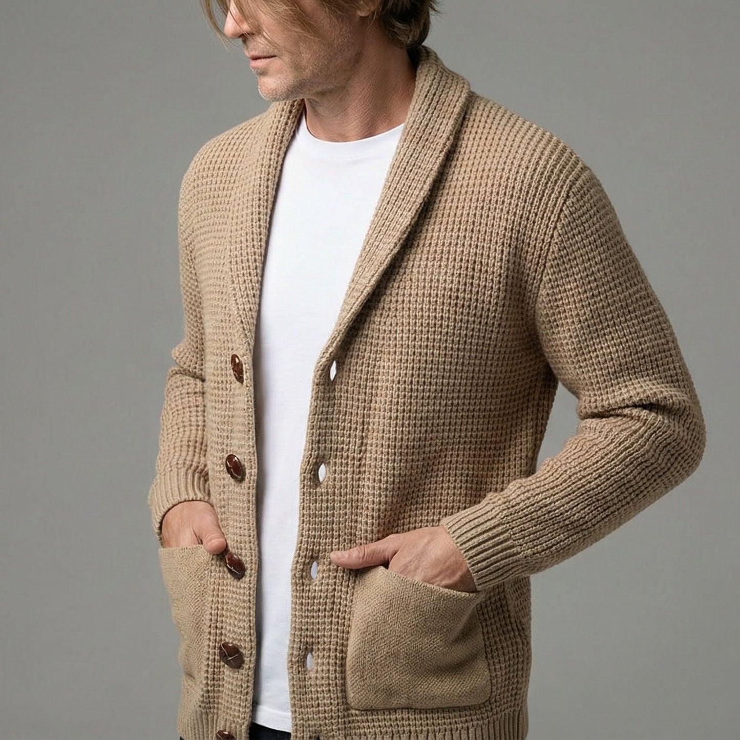 Cardigan Uomo in Maglia con Scollo a Sciarpa e Bottoni