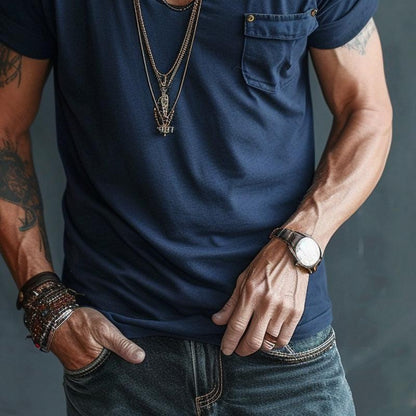 T-shirt Uomo Cotone Tasche Girocollo Profondo