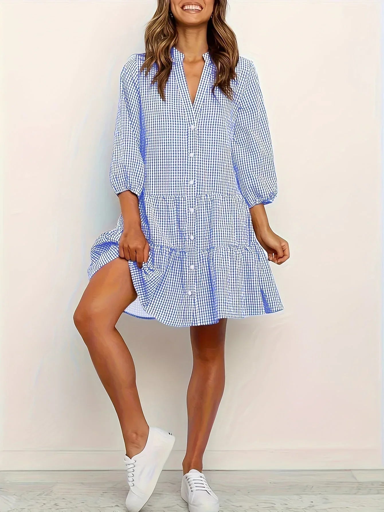 Mini robe à rayures en coton doux, avec boutons sur le devant et col, manches 3/4, parfaite pour le printemps et l'été.