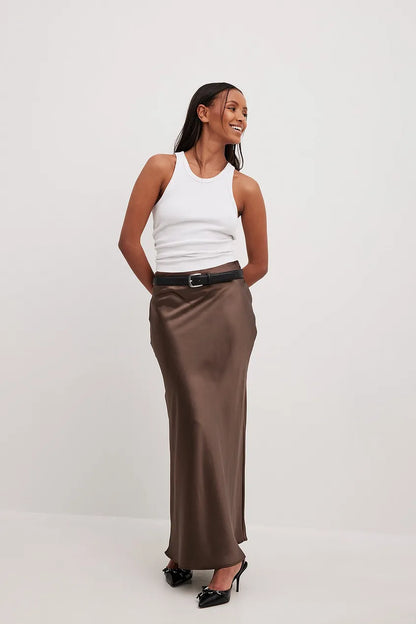 Gonna Midi Donna in Satin Vita Alta Elegante
