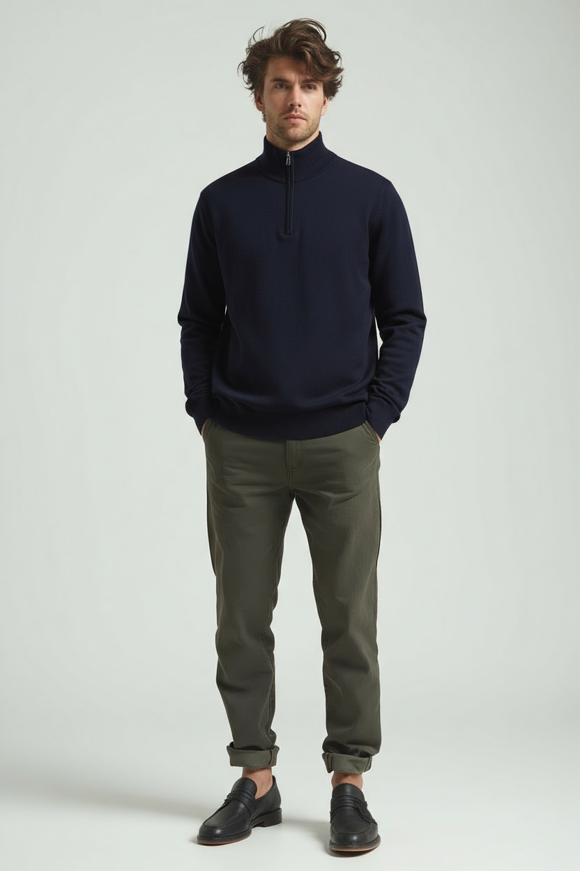 Maglione Uomo Collo con Zip Linee Sottili Slim Fit