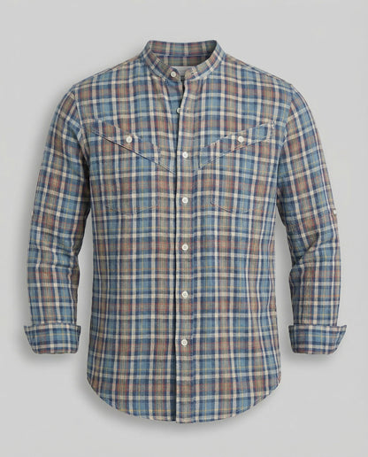 Camicia Uomo Manica Lunga Collo Coreano Quadri
