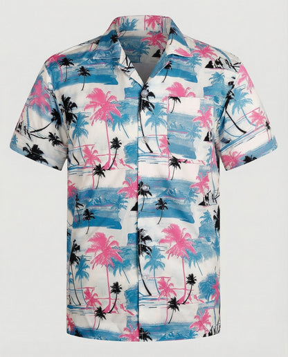 Camicia Uomo Manica Corta Cotone Stampa Palme