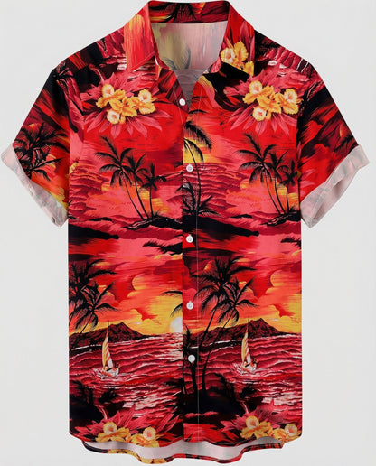 Camicia Uomo Manica Corta Cotone Stampa Palme