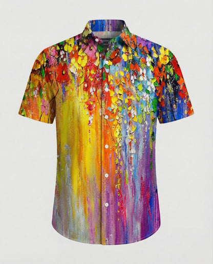 Camicia Uomo Manica Corta Fantasia Floreale Effetto Lino