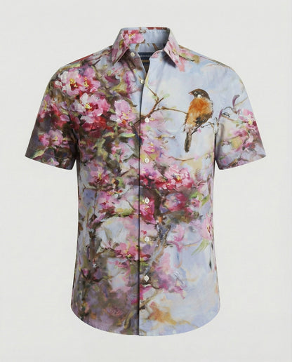 Camicia Uomo Manica Corta Fantasia Floreale Effetto Lino