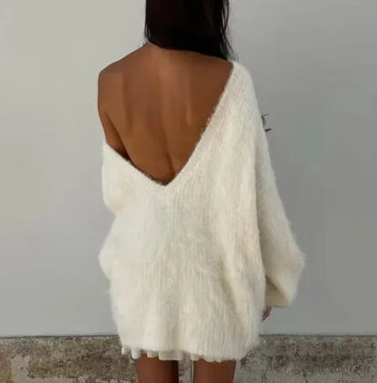 Pull ample femme en coton doux, design épaules dénudées, coupe décontractée, disponible en couleurs pastel.