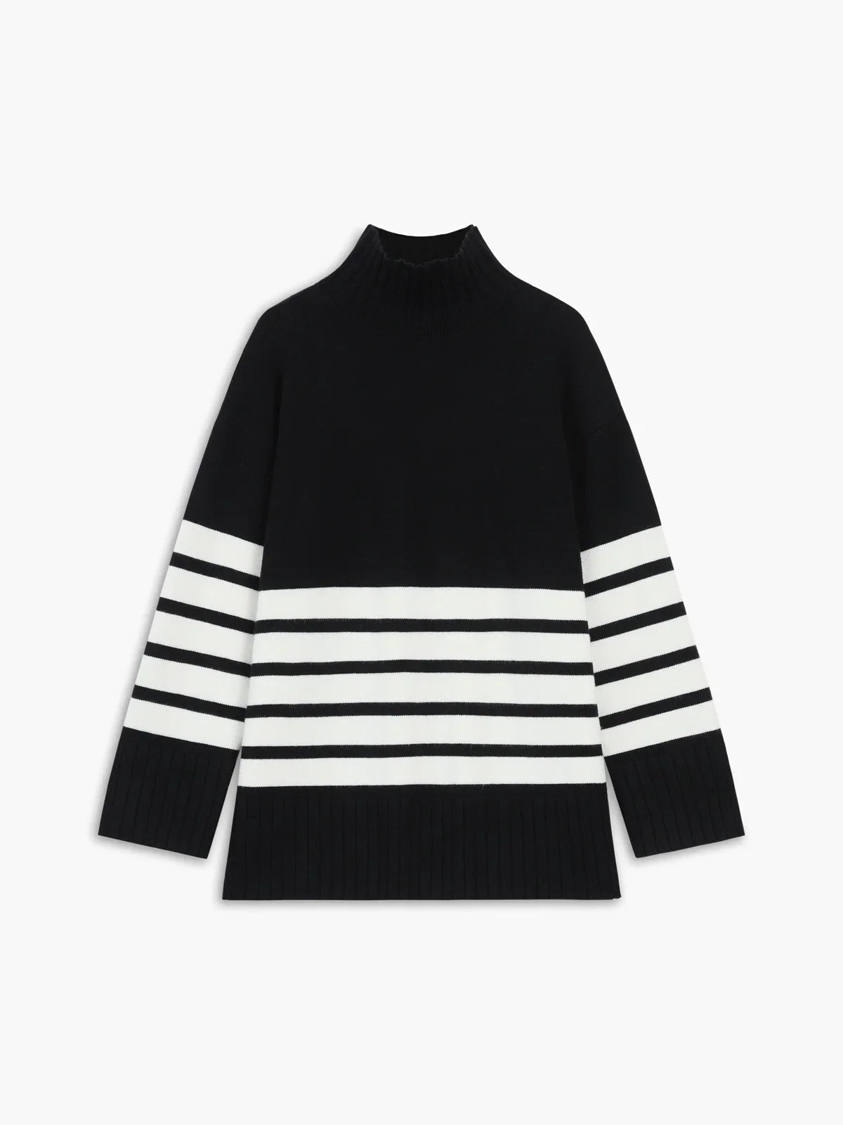 Pull à col montant rayé pour femme, en mélange de coton, offrant confort et chaleur. Couleur : blanc.